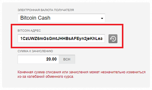 Вставляем адрес Bitcoin Cash с биржи в поле «Bitcoin address» в Adv Cash
